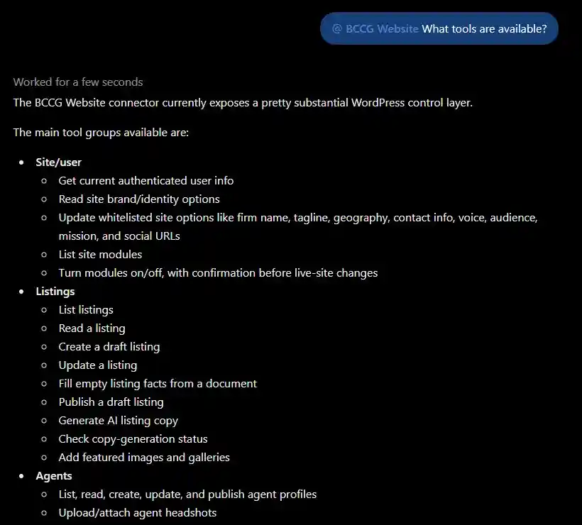 ChatGPT listing the UpliftCRE website tools it can use: listings, agent profiles, site settings and more