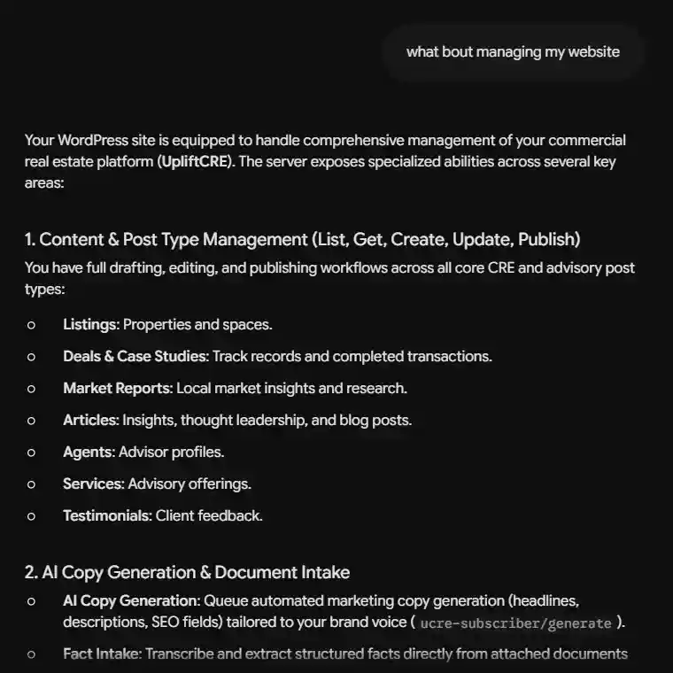 Gemini describing how it can manage an UpliftCRE website: listings, deals, case studies, market reports and more